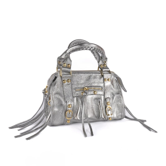 Borsa Mini Bag pelle metallizzata acciaio