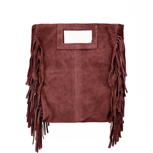 Borsa Suede in pelle scamosciata con frange bordeaux