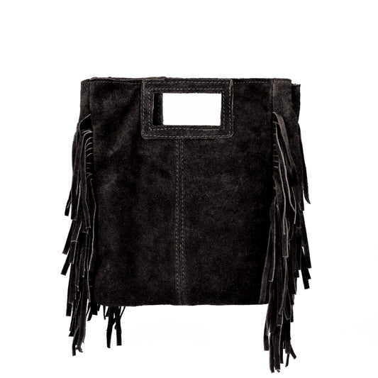 Borsa Suede in pelle scamosciata con frange nero