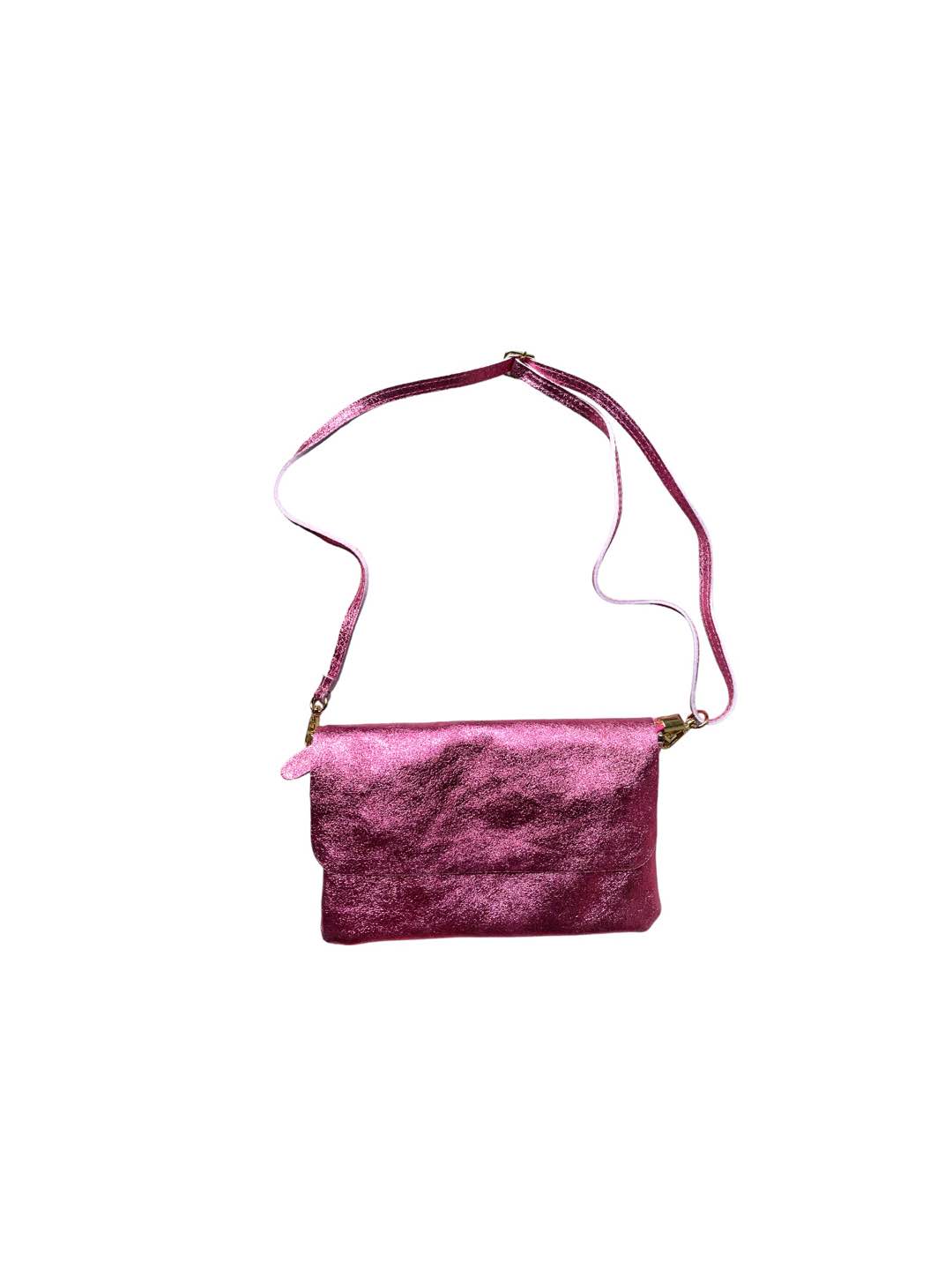 Borsa a tracolla in pelle laminata rosa